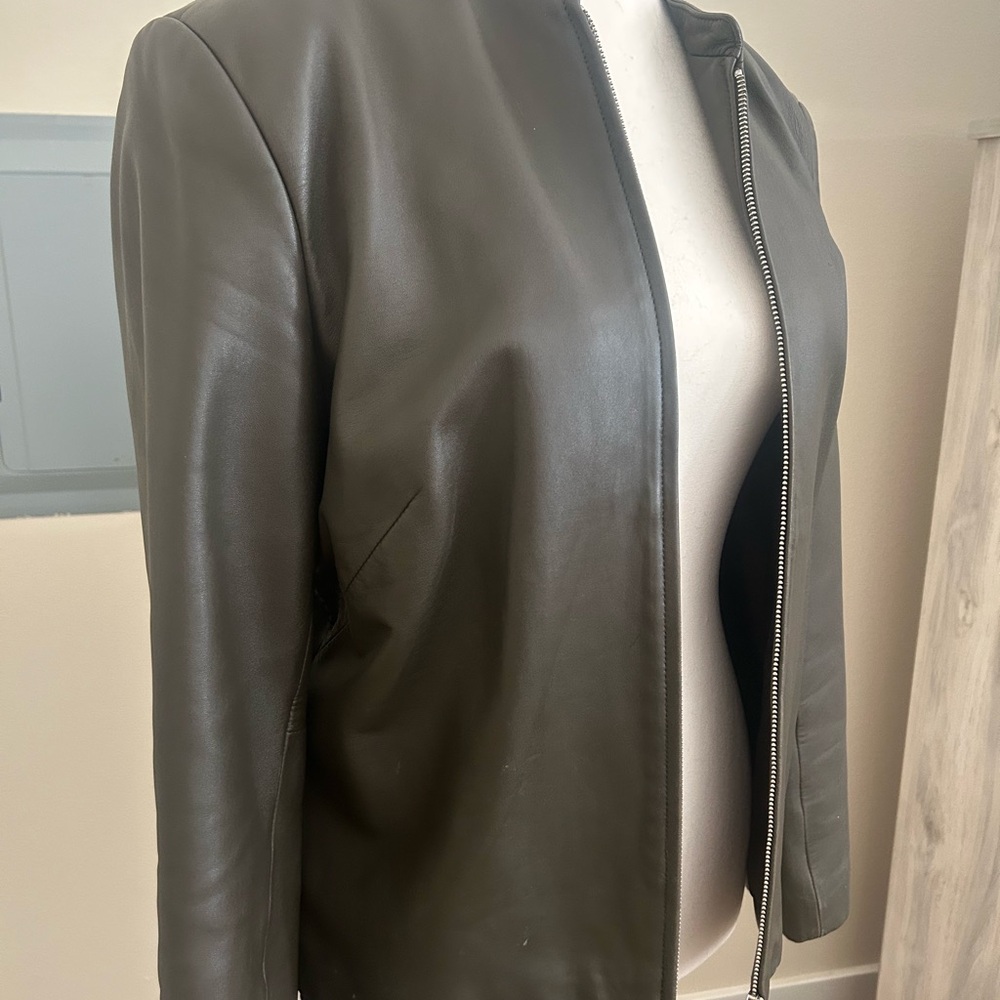 Ann Taylor’s leather jacket is as soft as butter. Olive color (not brown).
